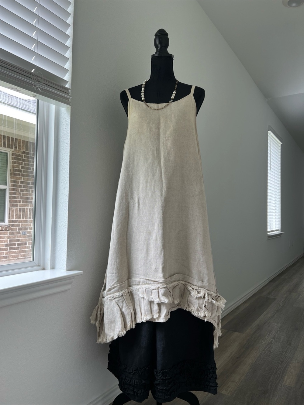 Linen Ruffle-Hem Slip Dress in Natural